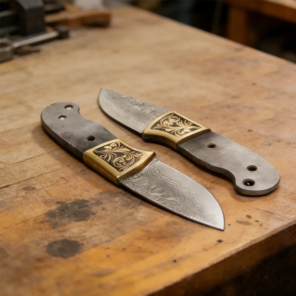 手鍛えのダマスカス鋼製、沈香木の柄が付いた茶刀の素地。DIY - Knife Blade Blank Damascus Steel Forged のレビューと価格